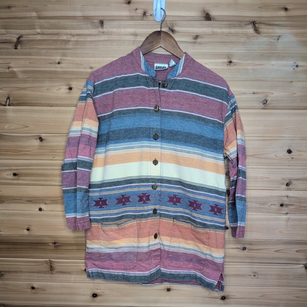 Vintage Chicos Design Southwestern Striped Cotton Tunic Shirt Size 1 Burgundy